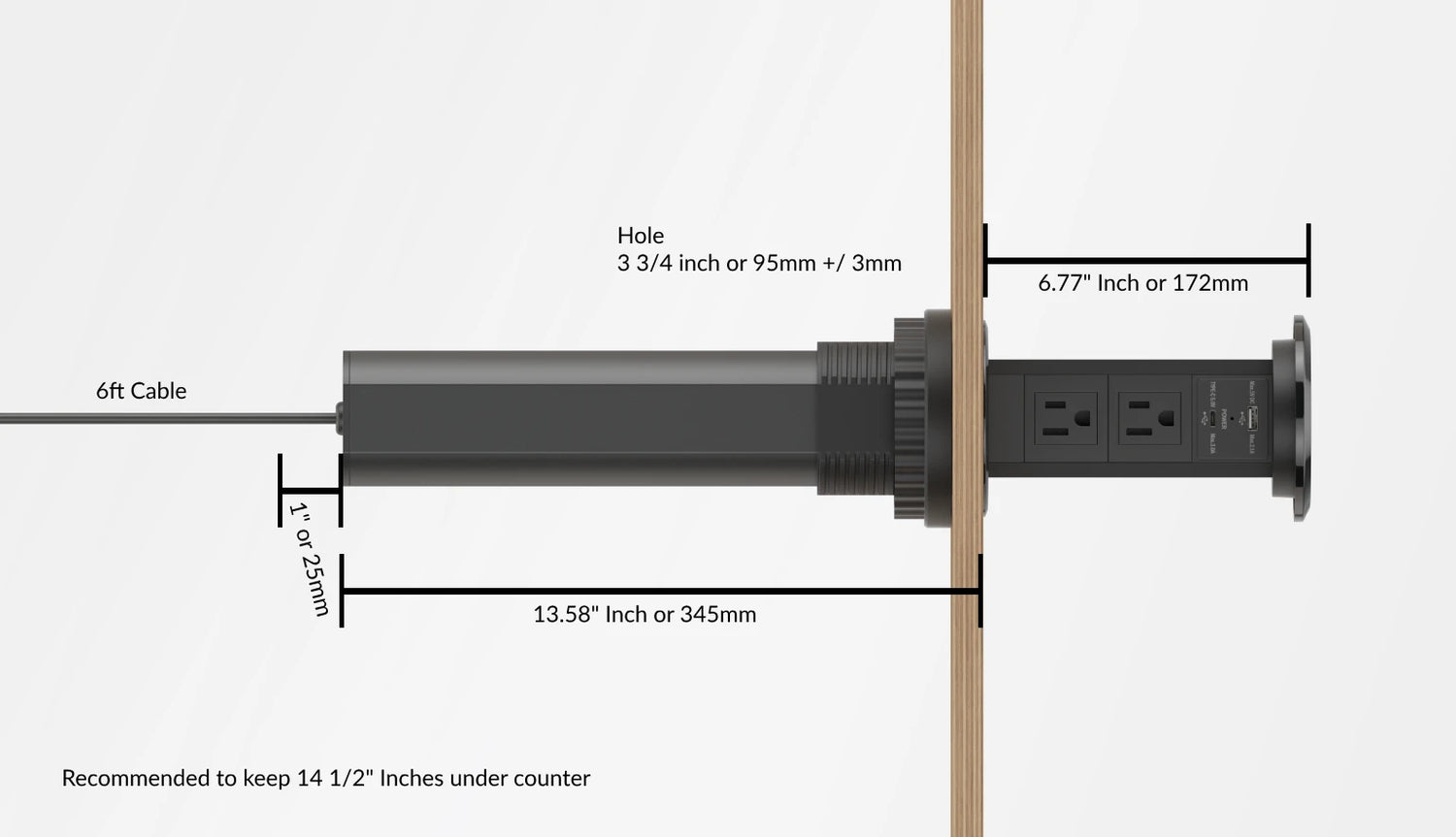 Dimensions for Pop Up Electrical Outlet V3C Black Kitchen
