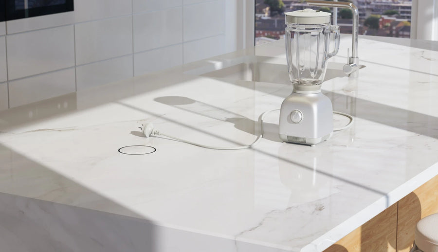 Black Point Pod closed flush with a white marble kitchen island