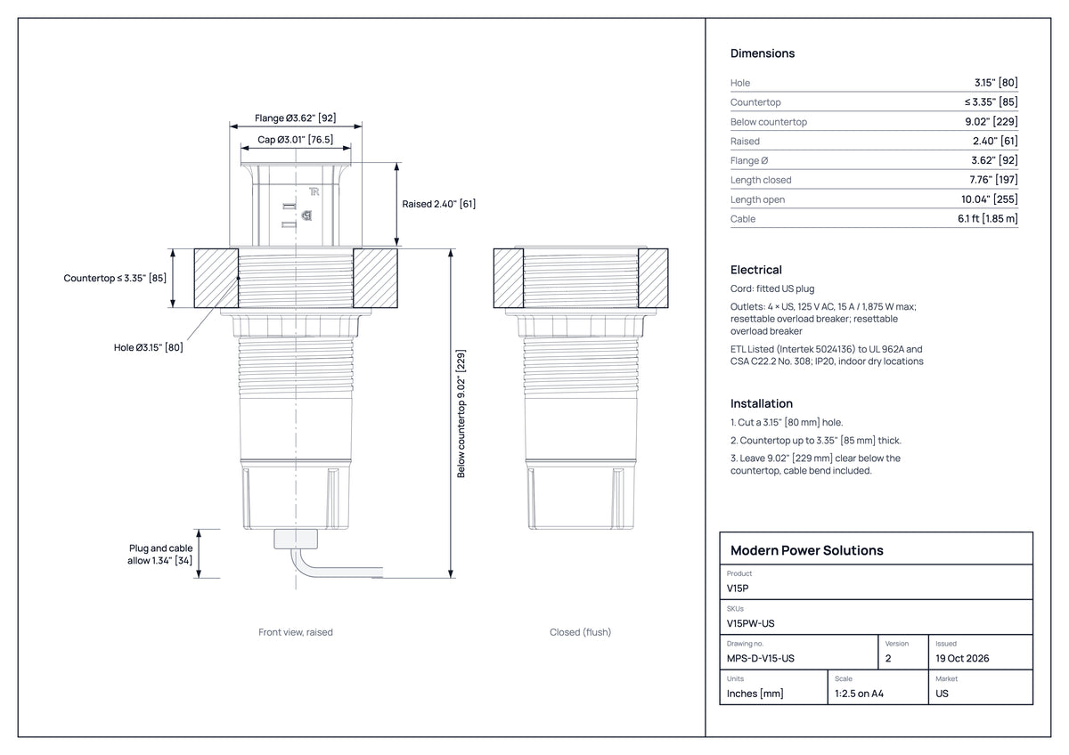 V15P dimensions drawing: hole size, countertop thickness and space below
