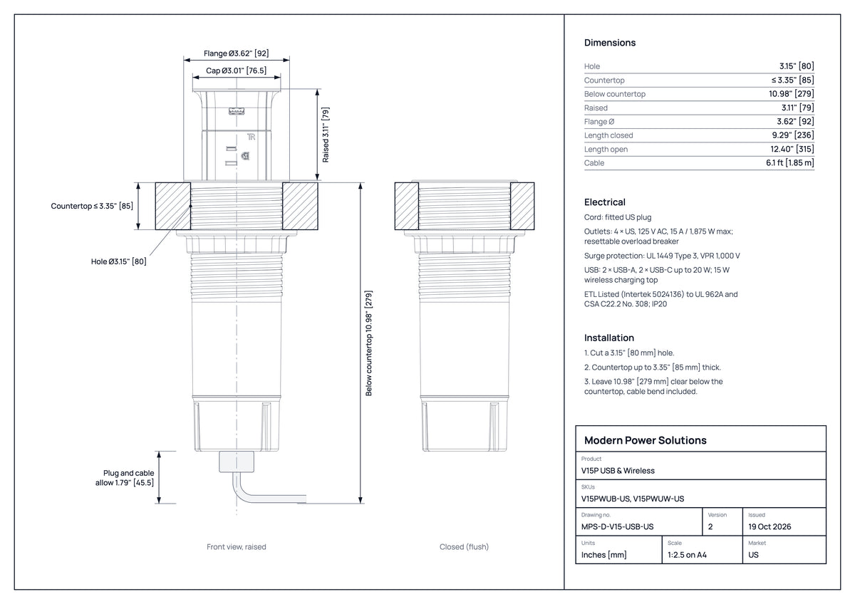 V15P USB & Wireless dimensions drawing: hole size, countertop thickness and space below